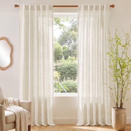 NICETOWN Sheer Linen Curtains 96 Inch Length for Bedroom Living Room 2 Panels, Ivory Rod Pocket & Back Tab Semi Sheer Drapes Privacy Semitransparent Farmhouse Window Treatment, W42 x L96 - color: Linen Ivory, size: 42"W x 96"L (Pack of 2)