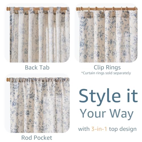 jinchan Linen Curtains 90 inch Blue Floral Farmhouse Rod Pocket 2 Panels - color: Amlie Blue, size: 50"W x 90"L (Pack of 2)