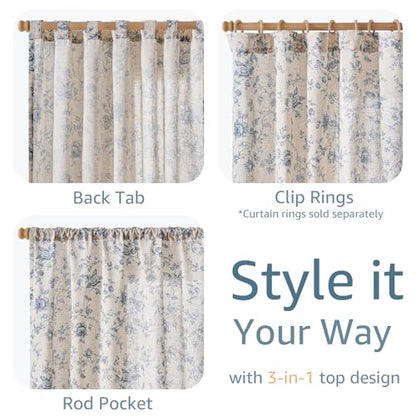jinchan Linen Curtains 84 inch Blue Floral Farmhouse Rod Pocket 2 Panels - color: Amlie Blue, size: 50"W x 84"L (Pack of 2)