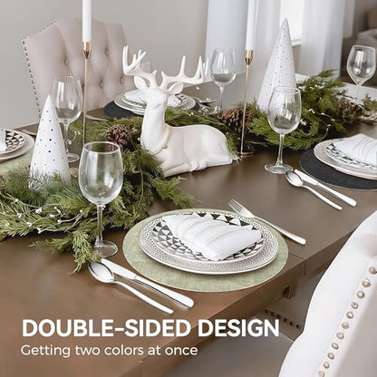 NCUE 13" Faux Leather Round Placemats Set of 4, Reversible Dual-Color - color: Deep Gray Light Green