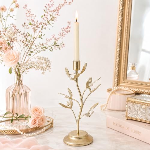 Guichifun Golden Metal Mistletoe Flower Candle Stick Holder - color: Gold-flower