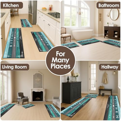 Kitchen Rugs Sets of 3 Non Slip Washable Mats for Floor, Wooden - color: Turquoise Teal Wooden