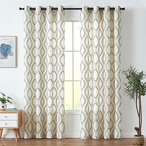 jinchan Boho Linen Curtains 63 Inch Green on Beige Grommet 2 Panels - color: Vine Green, size: 50"W x 96"L (Pack of 2)