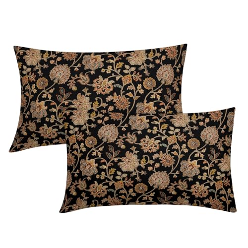 Black Brown Floral Lumbar Pillow Covers 12X20 Inch Set of 2 Vintage Boho Carpet Flowers Decorative Pillow Cases Leaves Plant Cotton Linen Cushion Case Farmhouse Home Decor For Sofa Couch Living Room - color: Brown Floral, size: 20" x 12" (Pack of 2)