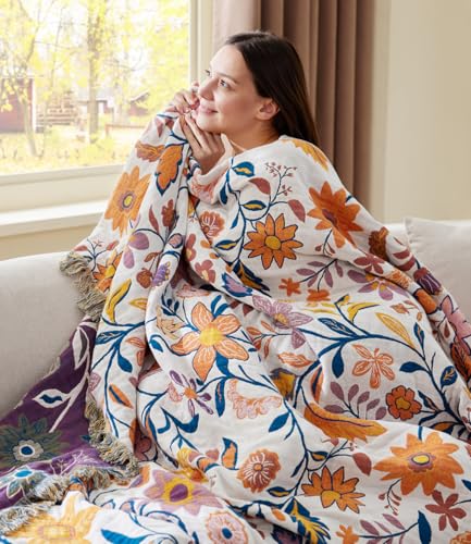 100% Cotton Boho Throw Blanket for Home Decor – Classic Farmhouse Quilt Bedding, Muslin Blankets for Adults, Vintage Woven Decorative Blanket for Couch, Bed Layering Use, Botanic Floral, 50"x60" - color: 1 - Botanic Floral, size: Throw (50 x 60 Inch)