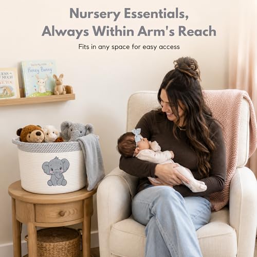 Elephant Baby Storage Basket, Woven Cotton Rope Nursery Bin, 15x11 in - color: Neutral Elephant