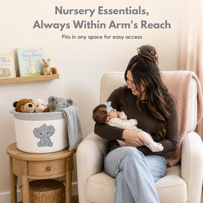 Elephant Baby Storage Basket, Woven Cotton Rope Nursery Bin, 15x11 in - color: Neutral Elephant