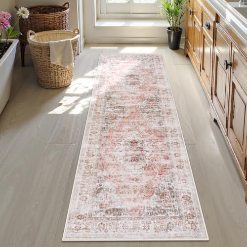 Uphome Bathroom Runner Rug, Distressed Tribal Farmhouse Blush Pink Bathroom Mat, Large Bathroom Rugs Non Slip Washable, Oriental Retro Boho Bath Mat Runner for Bathtub Sink Hallway, 24x71 inch - color: Blush Pink, size: 24 x 71 inch (Rectangular)