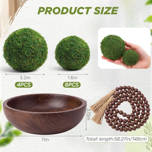 SiliFine 14 Pcs Rustic Table Decor Set, Wooden Bowl with Moss Balls, Brown - color: Brown