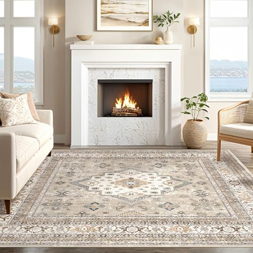 cotiled 9x9 Area Rug for Living Room, Washable, Traditional, Beige - color: Beige, size: 9' x 9' (Square)