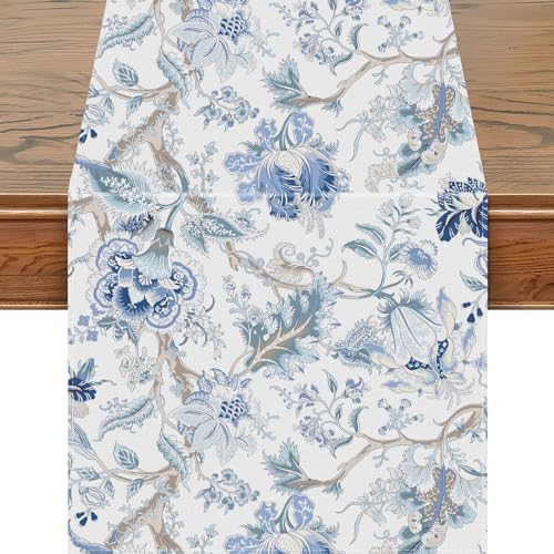 Snycler 13x108 Inch Table Runners White Blue Bird Flower Table Runner Modern Elegant Luxury Farmhouse Geometric Chinoiserie Table Center White Linen Decor for Home Dining Party Entrance - color: Chinoiserie #2, size: 13" x 108"