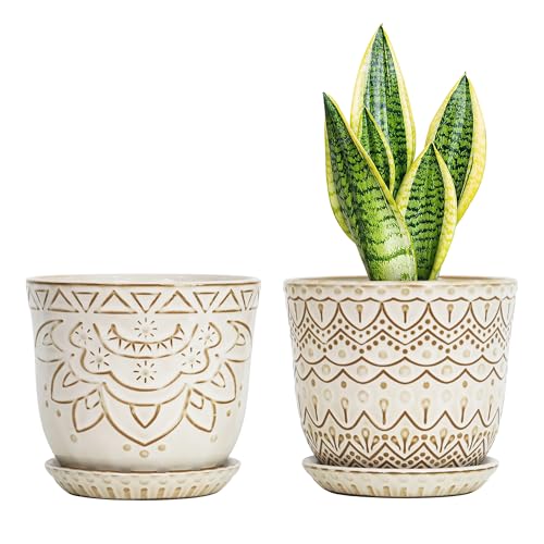 Gepege Ceramic Plant Pots, 6 Inch Indoor Planters with Drainage & Saucers - color: White-c, size: 6 Inch - Set of 2