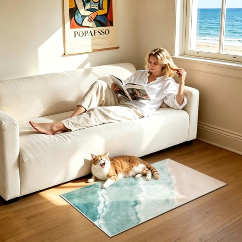Beach Pattern 2x4ft Runner Rug Non Slip Washable Kitchen Runner Rug with Rubber Backing，Low-Pile Soft Washable Runner Rugs for Hallway Entryway Kitchen Bedroom Bathroom - color: Teal Beach, size: 5' x 10'1" (Rug)