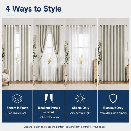 Layered Window Treatments Curtains for Bedroom, Living Room, 4 Panel Set - color: Beige, size: 37"W x 63"L (Pack of 4)