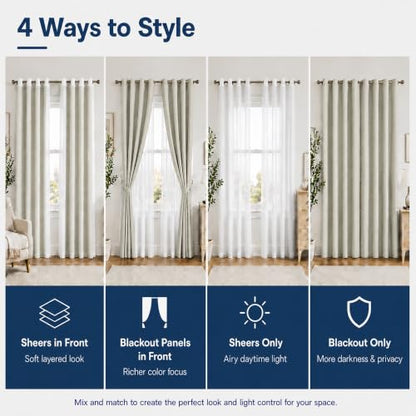 Layered Window Treatments Curtains for Bedroom, Living Room, 4 Panel Set - color: Beige, size: 37"W x 84"L (Pack of 4)