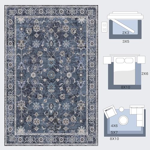Tangsoo Washable Area Rugs 3x6 Non Slip,Vintage Navy Blue Floral Throw Rugs - color: Distressed Blue Black, size: 3' X 6' (Rectangular)