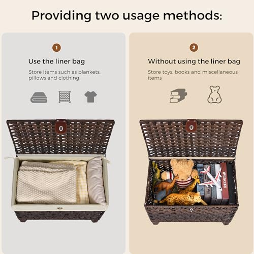 Wicker Storage Basket with Lid, 65L Shelf Basket with Removable Liner Bag - color: Brown, size: 65L