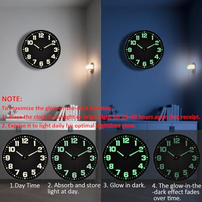12 Inch Silent Wall Clocks Battery Operated, Glow in the Dark Wall Clock with Easy Read Numbers Non-Ticking Tempered Glass Night Vision Clocks for Living Room Office Gym Bedroom, Modern Black - color: Black Green, size: 12 Inch