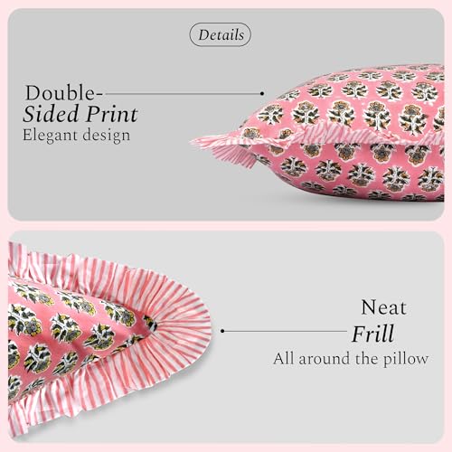 CPC Poppy Pink Block Print Ruffle Pillow Cover 16x16 Inch, Pack of 2 - color: Poppy Pink, size: 16" x 16" (Pack of 2)