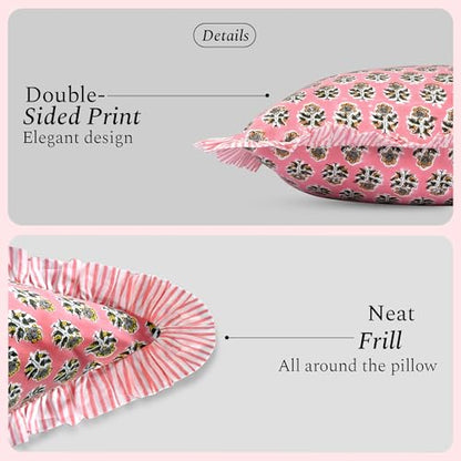 CPC Poppy Pink Block Print Ruffle Pillow Cover 16x16 Inch, Pack of 2 - color: Poppy Pink, size: 16" x 16" (Pack of 2)
