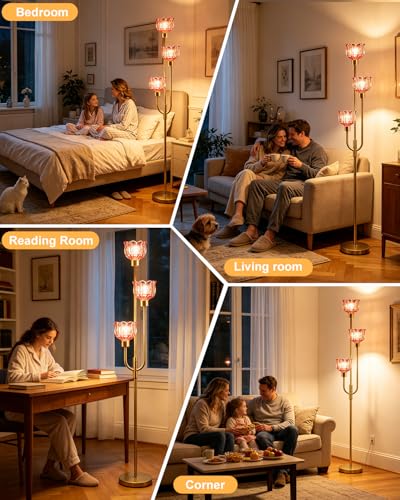 3-Light Glass Floor Lamp 66IN Modern Red Glass Gold Dimmable Floor Lamps - color: Deep Red Tulip-Gold