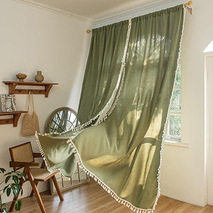 Sutuo Home Boho Curtains for Bedroom 84 Inches Long, Bohemian Linen Textured Curtains with Tassels, Semi Blackout Farmhouse Drapes, Rod Pocket Window Treatments 2 Panels, 52" x 84", Olive Green - color: Olive Green Linen, size: 52"W x 84"L (Pack of 2)