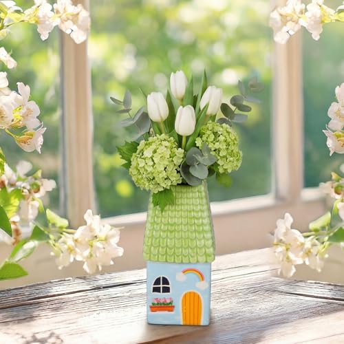 Remerry Mini Ceramic House Shape Vase Decorative Small Bud Vases, Green - color: Green