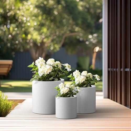 Kante RC0119ABC-C80011 Set of 3 Lightweight Concrete Modern Cylinder Outdoor Planters, 15.8, 12.9 and 9.8 Inch Diameter, Pure White - color: Pure White, size: 9.8",12.6",15.7" Dia