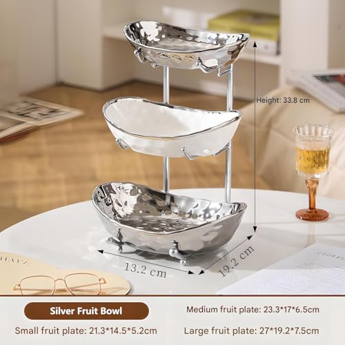 XUDREZ 3 Tier Fruit Bowl with Metal Stand for Kitchen Counter, Ceramic White Gold Silver, Tiered Fruit Basket for Nuts, Snacks, Bread, Candy Storage (Silver) - color: Silver