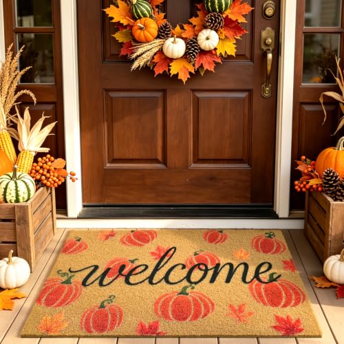 Fall Pumpkin Welcome Door Mat for Front Door Outdoor Indoor 17"x29" - color: Pumpkin Leaves