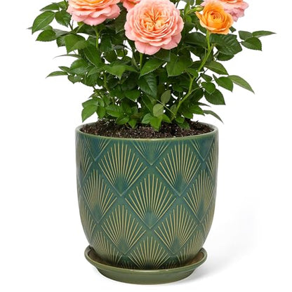 7.2 Inch Modern Ceramic Glaze Plant Pot with Drainage Hole,Mesh Net,Saucer,Indoor Outdoor Planter (Fan-Green) - color: Fan-green