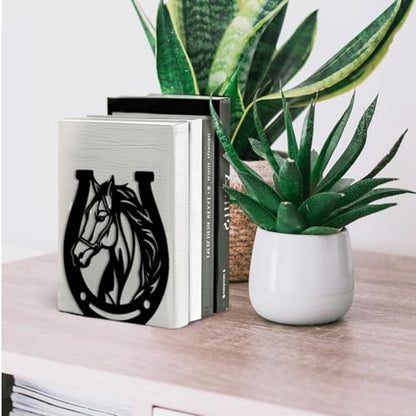 Peacoblue 5.3"x4.3"x5.9" Metal Bookends, Heavy Duty Book Ends for Shelves - style: Horses and Horseshoes