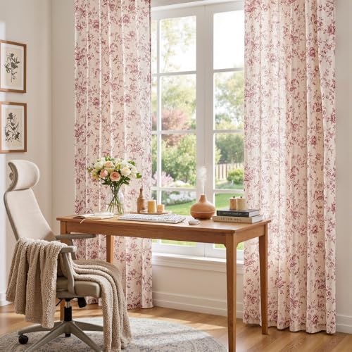 jinchan Custom Size Curtain Maroon Floral Linen Curtain Back Tab 1 Panel - color: Amlie Maroon, size: Custom