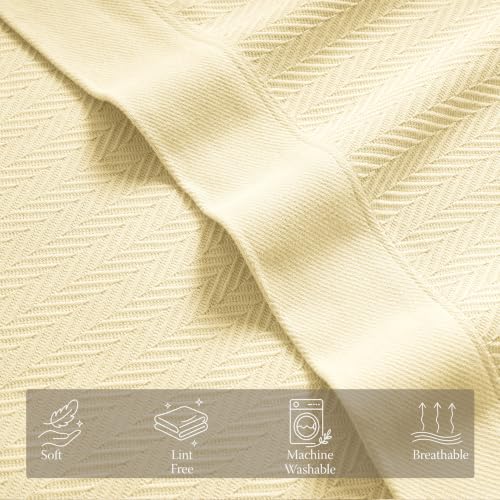 Threadmill Luxury 100% Cotton Twin Herringbone Blanket, Vanilla Cream - color: Vanilla Cream, size: Twin (68" x 92")
