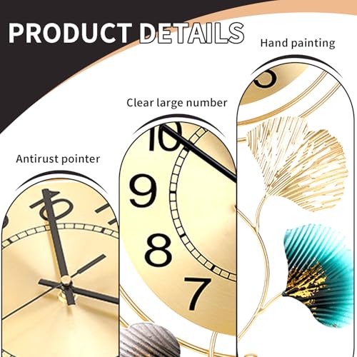 FILLOVE Elegant Metal Wall Clock with Silent Round dial and Gold and Blue Leaves, Modern Non-Walking Silent Metal Wall Clock for Living Room, Bedroom, Study, Office (25in*12in) (Gold Leaf) - color: Gold Leaf