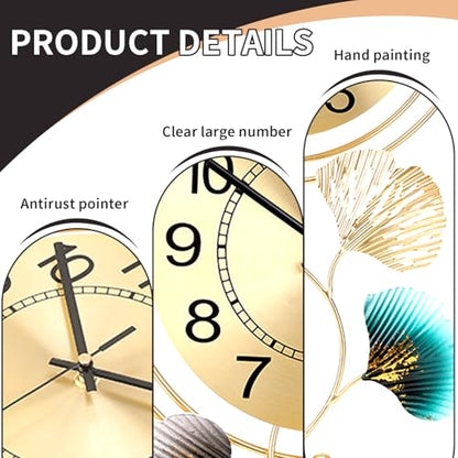 FILLOVE Elegant Metal Wall Clock with Silent Round dial and Gold and Blue Leaves, Modern Non-Walking Silent Metal Wall Clock for Living Room, Bedroom, Study, Office (25in*12in) (Gold Leaf) - color: Gold Leaf