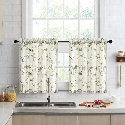 VOGOL Green Vine Embroidered Kitchen Tier Curtains, W30 x L30, 2 Panels - color: Green, size: 30"W x 30"L (Pack of 2)