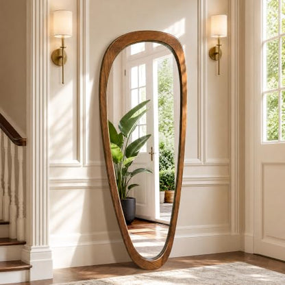 60"x22" Asymmetrical Mirror, Solid Wood Frame, Irregular Design - color: Brown, size: 60"L x 22"W