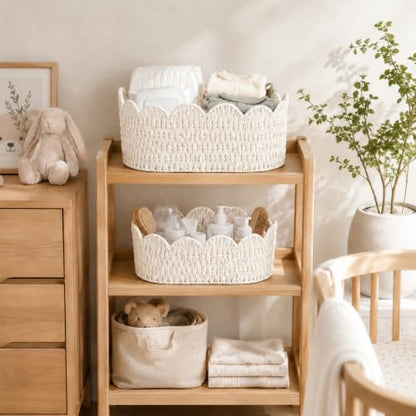 Endymion Set of 2 Paper Rope Scalloped Basket, Wicker Storage Baskets White - color: White