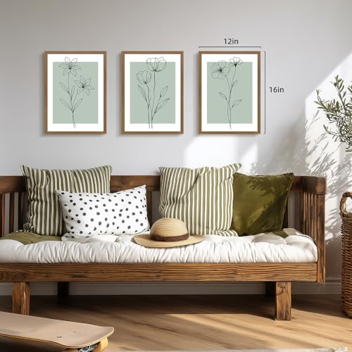 LERVR Wood Framed Minimalist Botanical Wall Art Set of 3, Modern Line Flower Art Prints, Sage Green Botanical Wall Decor, Neutral Floral Artworks for Living Room Bedroom Bathroom 12x16 Inch - color: GreenStriped, size: 16"L x 12"W