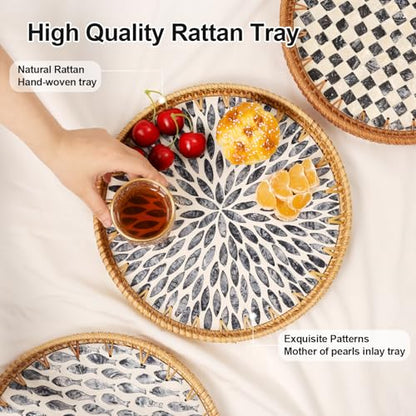 Round Rattan Tray with Mother of Pearl Inlay, Rattan Serving Tray for Coffee, Bread, Fruits, Decorative Wicker Tray for Table Decor, Home Decor, Kitchen Island Decor (Black Leaf, 11.8")