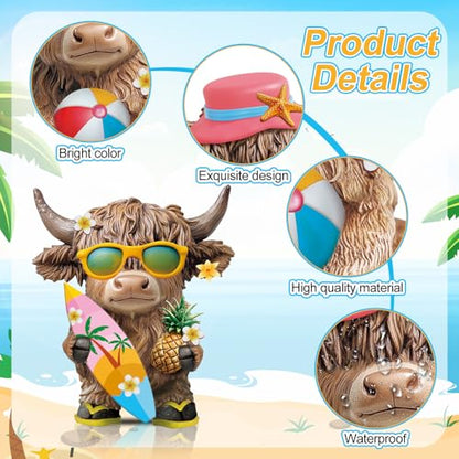 Karenhi 2 Pcs Highland Cow Figurines Summer Decor, Beach Tabletop Statues - style: Summer