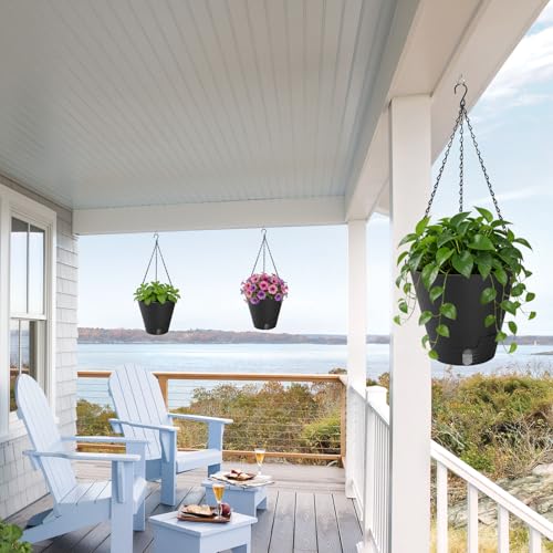 8 Inch Hanging Planters Indoor Outdoor, 3 Pack Plastic Self Watering Plant Pots with Drainage Holes & Saucers, Hanging Baskets Flower Pots with Chain for Ivy, Spider Plant, Pothos, Ferns - color: Black