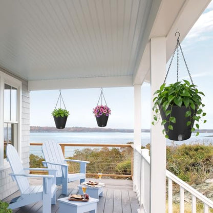 8 Inch Hanging Planters Indoor Outdoor, 3 Pack Plastic Self Watering Plant Pots with Drainage Holes & Saucers, Hanging Baskets Flower Pots with Chain for Ivy, Spider Plant, Pothos, Ferns - color: Black