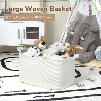 Goodpick Large Woven Rope Blanket Basket, Rectangle, White, 75L - color: White, size: Large(21.6"L x 14.9"W x 11.8"H)