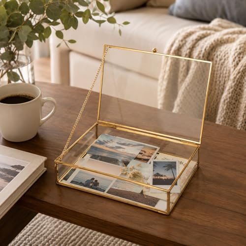 Feyarl Gold Glass Photo Cards Display Box Jewelry Trinket Ring Earring Post Cards Decorative Keepsake Box for Wedding Home Deco Dresser Coffee Table (8.66 x 5.9 x 1.96inch)