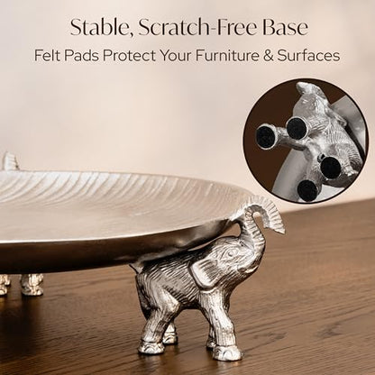 Silvery Tray with Elephant Stand - Round Decorative Aluminum Coffee Table - color: Silvery