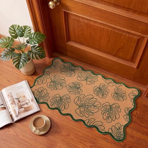 Dunzy Monstera Leaf Doormat Outdoor Green Scalloped Faux Coir Welcome Mat - style: Monstera