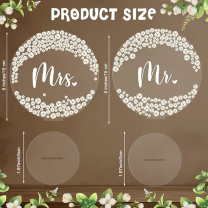 Jingmore 2 Pcs Mr and Mrs Table Sign 6 Inch Pearl Acrylic Decor for Wedding