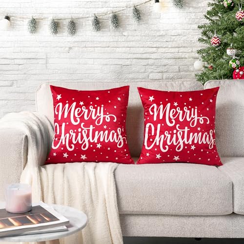PAVILIA Christmas Red Holiday Decorative Throw Pillow Covers 20x20 Set of 2 - color: Merry Christmas Red, size: 20" x 20" (Pack of 2)